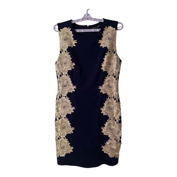 FIFTH & PARK Dress SZ 12 Navy & Beige Gold Floral Lace Sheath Dressy Cocktail - Picture 1 of 12
